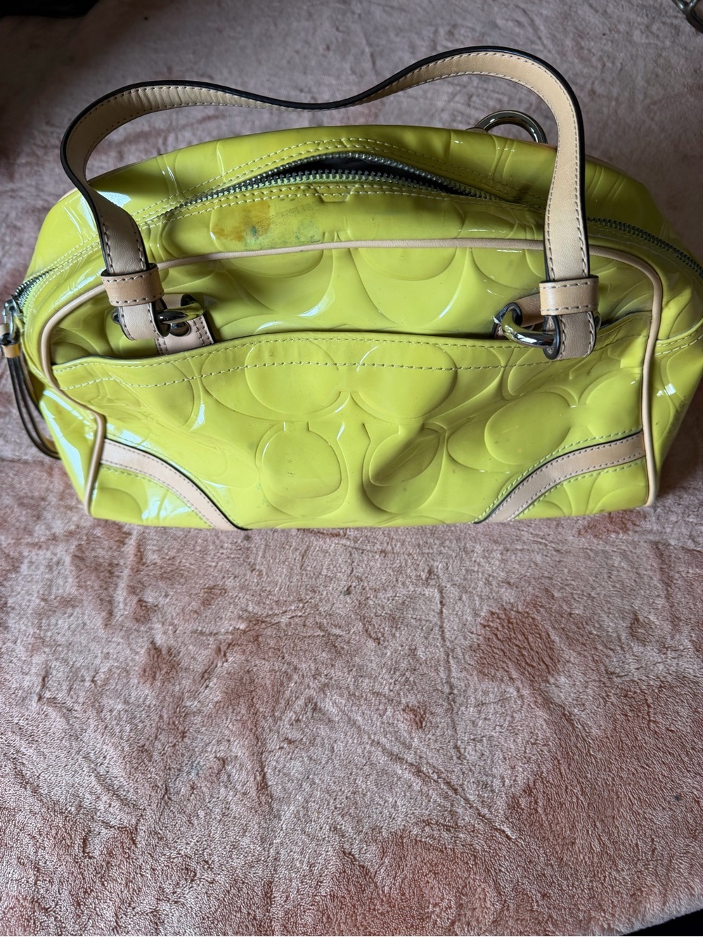 Coach Neon Yellow Patent Satchel with Beige Trim - Picture 4 of 8